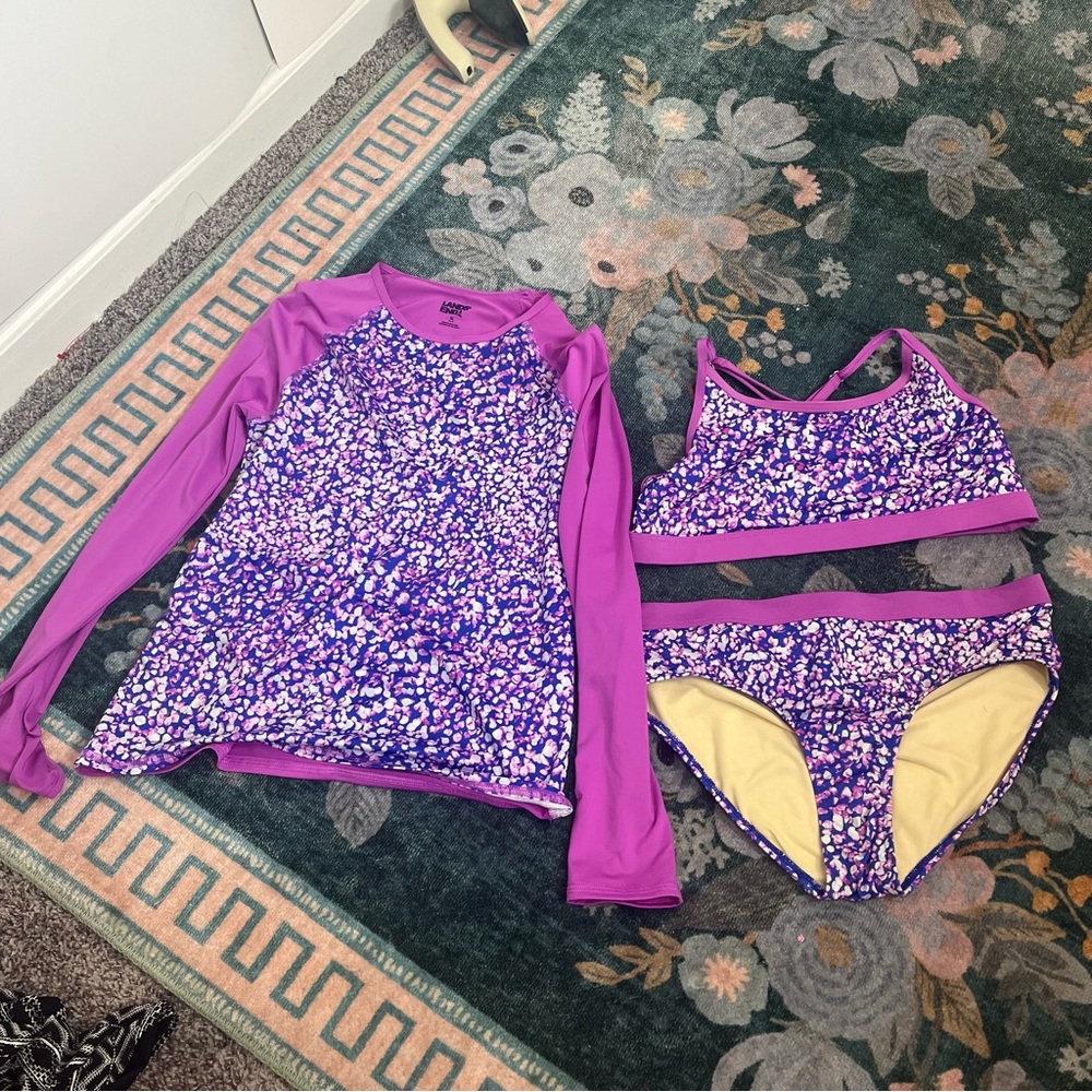 Lands' End Blue Pink And White 3 Piece Bikini Bathing Suit XL 14-16